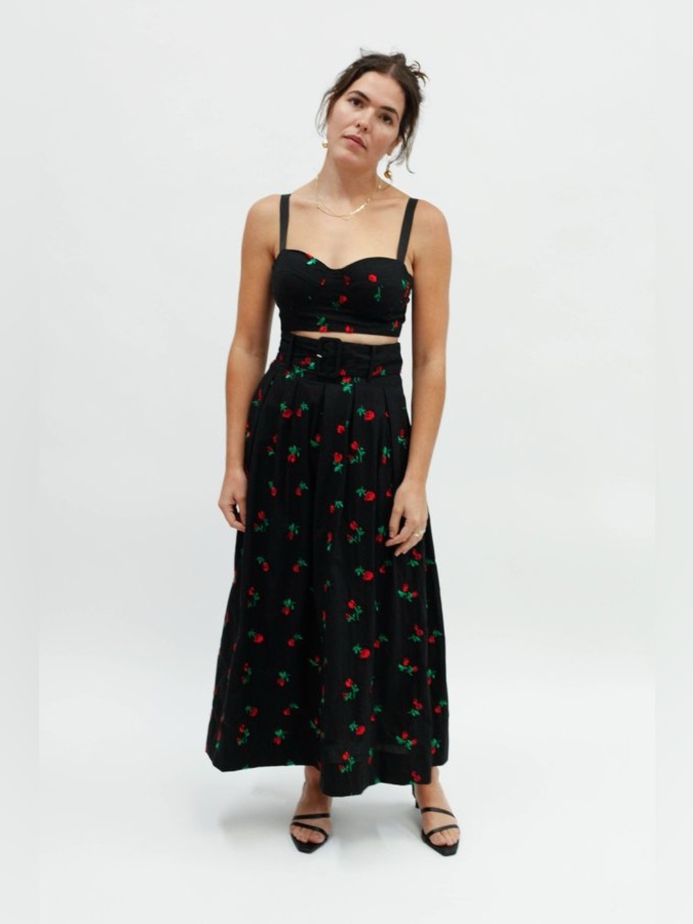 Rachel Antonoff Vinita Black Rose Pleated Midi Skirt